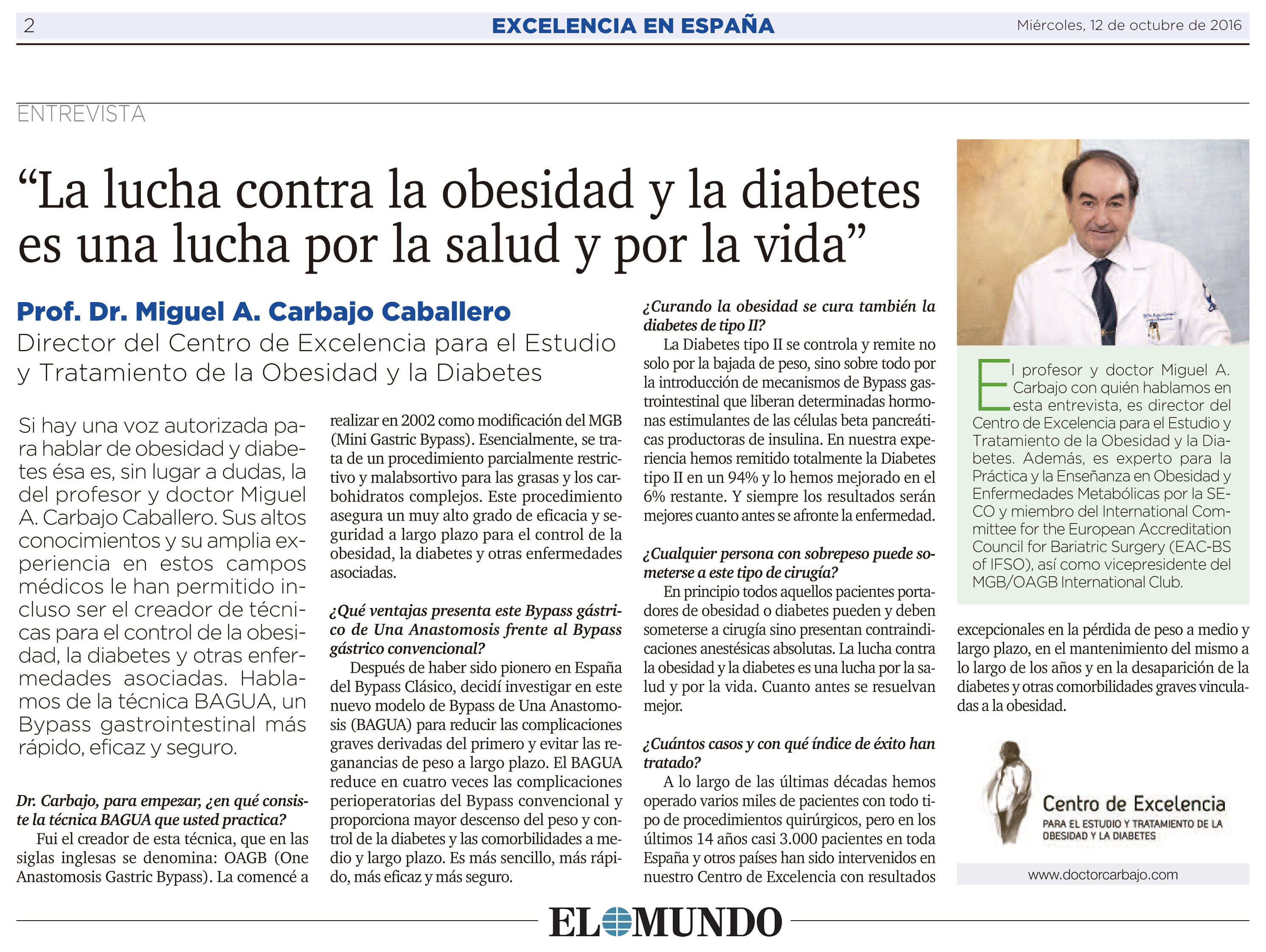 Entrevista diario El Mundo - 12 Octubre 2016 - “La lucha contra la obesidad y la diabetes es una lucha por la salud y por la vida” - El Mundo 12 Octubre 2016