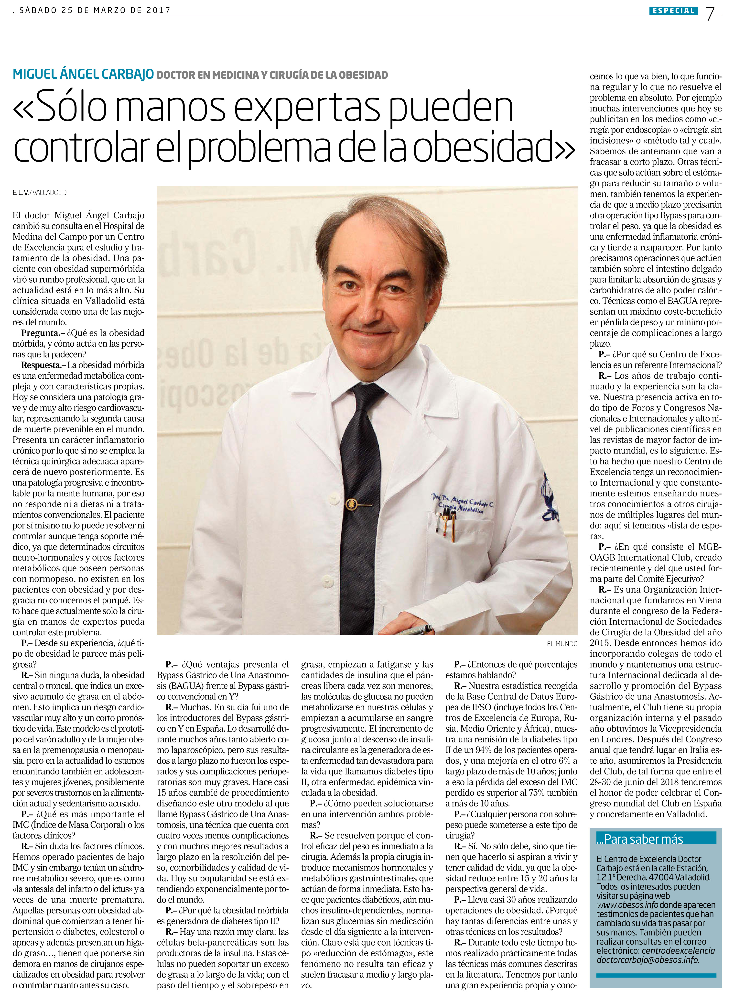 Publicacion en periódico El Mundo, 25 de Marzo 2017 - Bienestar y Salud